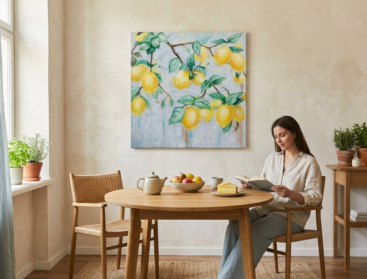Pop art tablou pe pânză cu motivul CITRÓNY, natură în verde-galben nuanțe agățat în interiorul bucătărie, atmosferă veselă, natură | Tablou pictat de perete CITRÓNY – interior