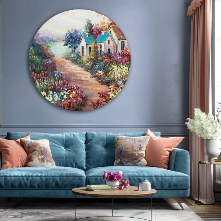 În stil boho tablou pe pânză cu motivul copaci, flori, motiv religios, natură în violet-albastru nuanțe, atmosferă liniștită, potrivit pentru sufragerie – produs