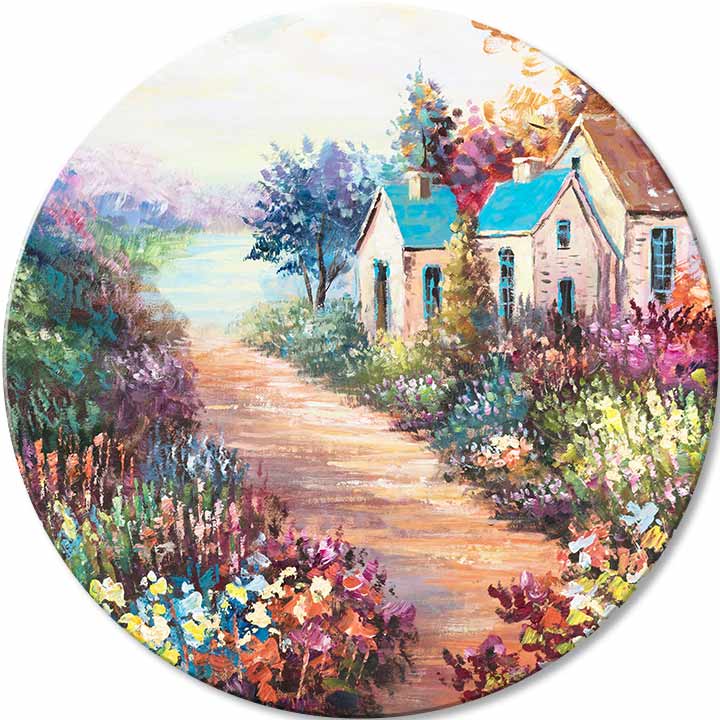 În stil boho tablou pe pânză cu motivul copaci, flori, motiv religios, natură în violet-albastru nuanțe, atmosferă liniștită, potrivit pentru sufragerie – principală