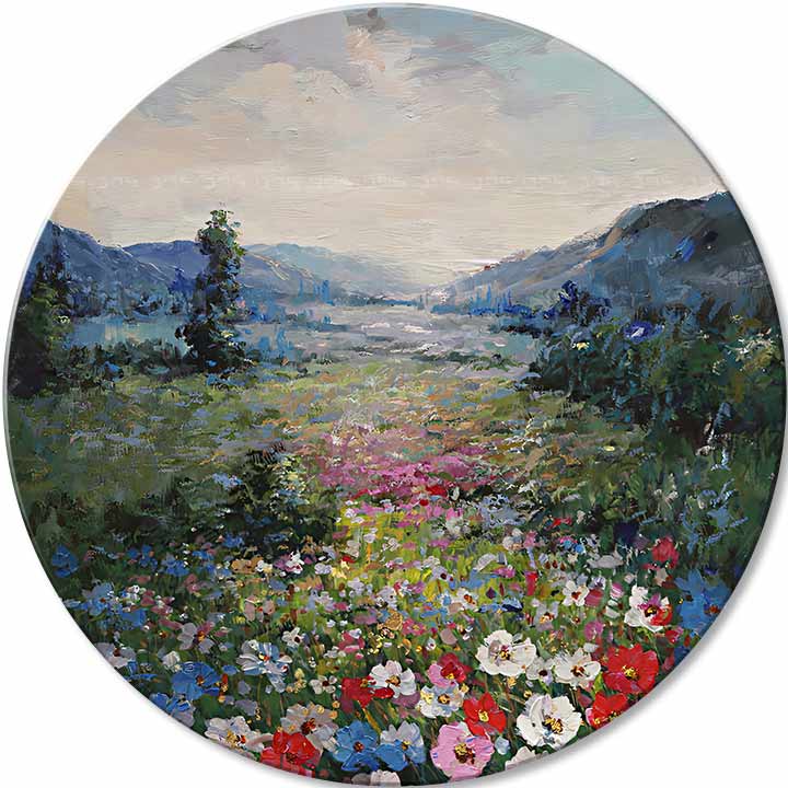 Pictat manual tablou pe pânză cu motivul munți, lac, copaci, cer, flori în alb-albastru nuanțe, atmosferă liniștită, natură și atmosferă de primăvară – principală
