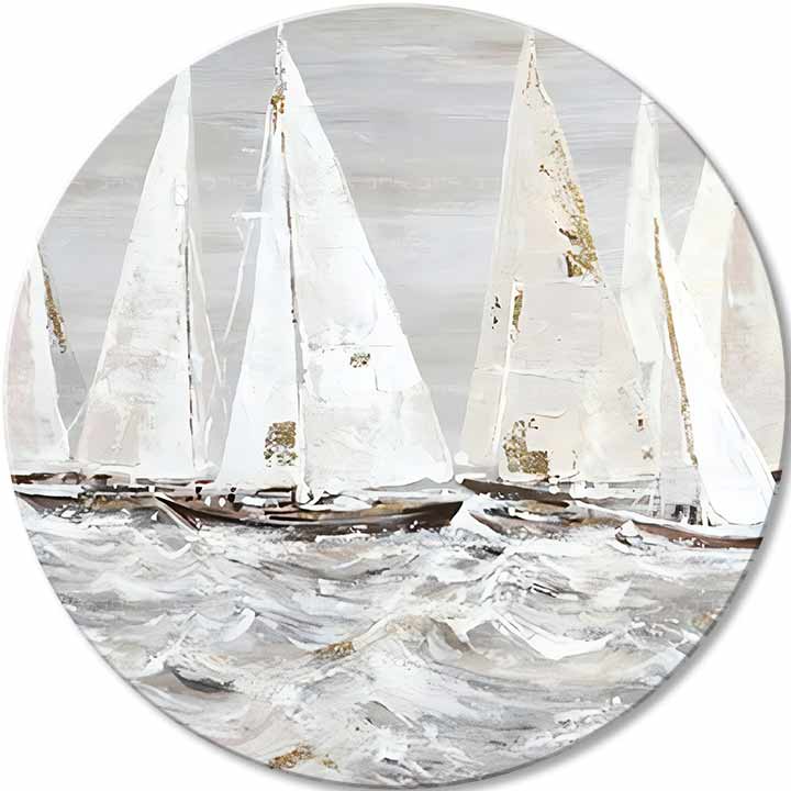 Pictat manual tablou pe pânză cu motivul ocean, valuri, cer, mare și plajă în alb-gri nuanțe, atmosferă liniștită, viață la mare și libertate – principală