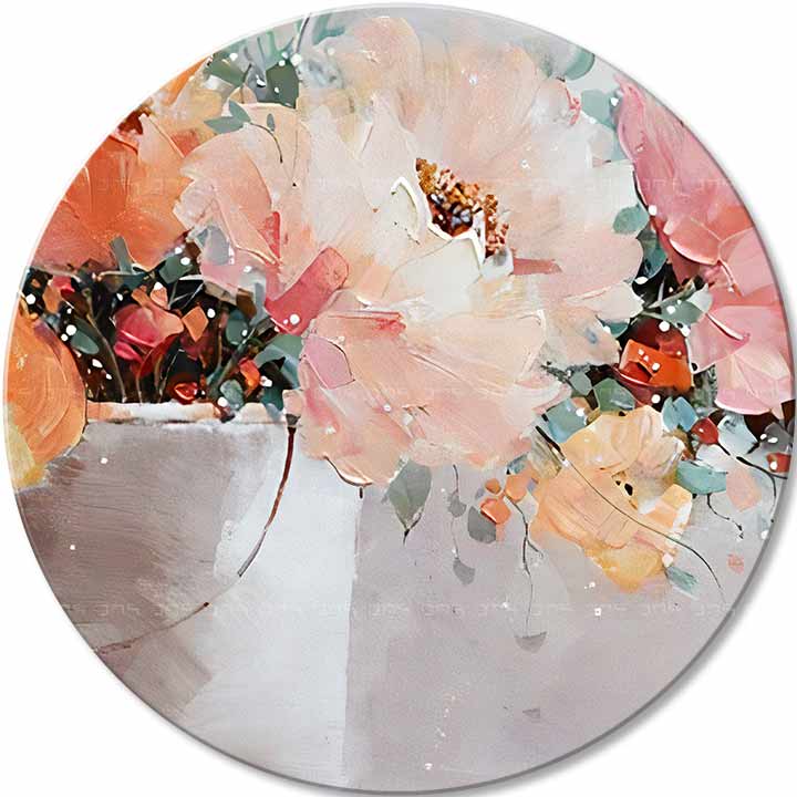 Pictat manual tablou pe pânză cu motivul flori, vază, frunze, natură în portocaliu-roz nuanțe, atmosferă romantică, natură și atmosferă de primăvară – principală