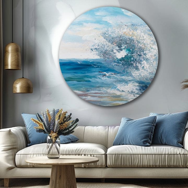 În stil boho tablou pe pânză cu motivul ocean, valuri, cer, mare și plajă în alb-albastru nuanțe, atmosferă energică, natură și libertate, potrivit pentru dormitor – produs