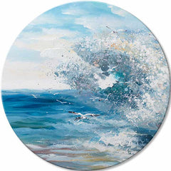 În stil boho tablou pe pânză cu motivul ocean, valuri, cer, mare și plajă în alb-albastru nuanțe, atmosferă energică, natură și libertate, potrivit pentru dormitor – principală