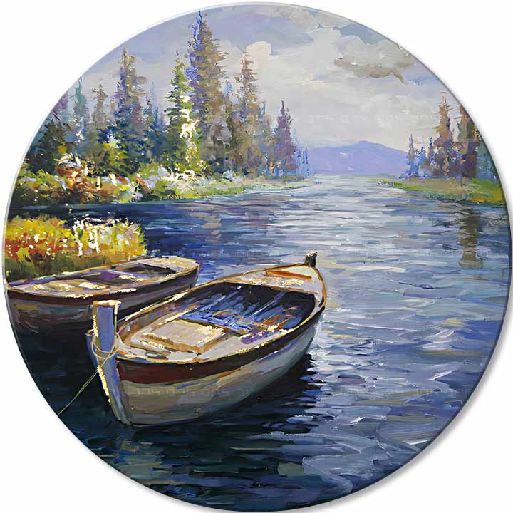 Pictat manual tablou pe pânză cu motivul lac, munți, peisaj în maro-albastru nuanțe, atmosferă liniștită, singurătate și natură, potrivit pentru dormitor – principală
