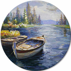 Pictat manual tablou pe pânză cu motivul lac, munți, peisaj în maro-albastru nuanțe, atmosferă liniștită, singurătate și natură, potrivit pentru dormitor – principală