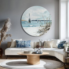 În stil boho tablou pe pânză cu motivul ocean, peisaj, mare și plajă în alb-bej nuanțe, atmosferă liniștită, viață la mare și natură, potrivit pentru dormitor – produs