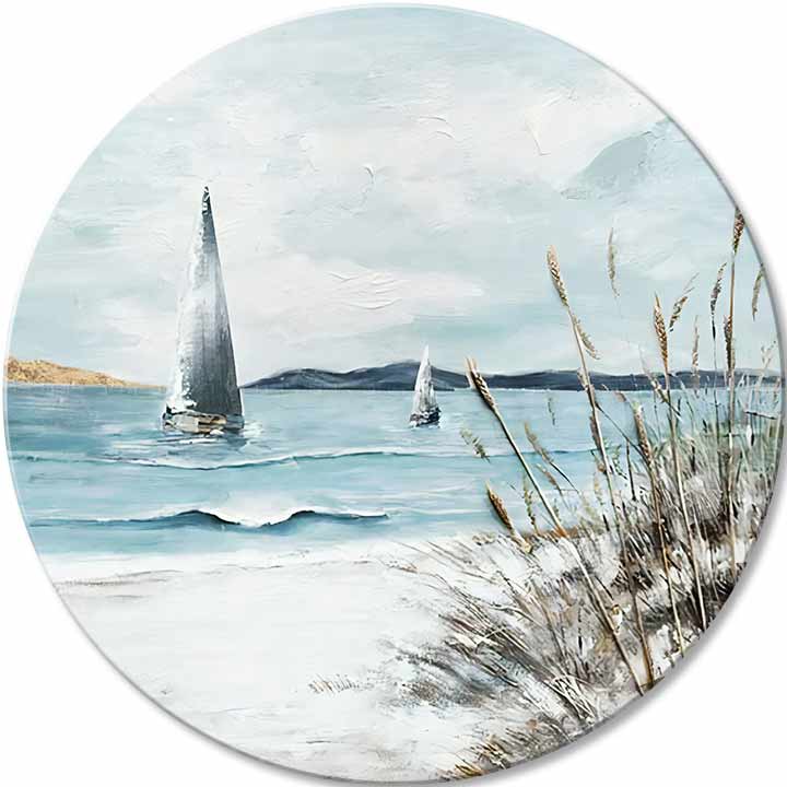 În stil boho tablou pe pânză cu motivul ocean, peisaj, mare și plajă în alb-bej nuanțe, atmosferă liniștită, viață la mare și natură, potrivit pentru dormitor – principală