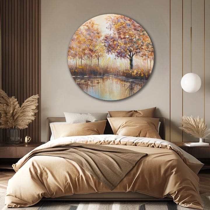 Pop art tablou pe pânză cu motivul copaci, peisaj, natură, animal în alb-portocaliu nuanțe, atmosferă liniștită, natură și contemplare, potrivit pentru sufragerie – produs
