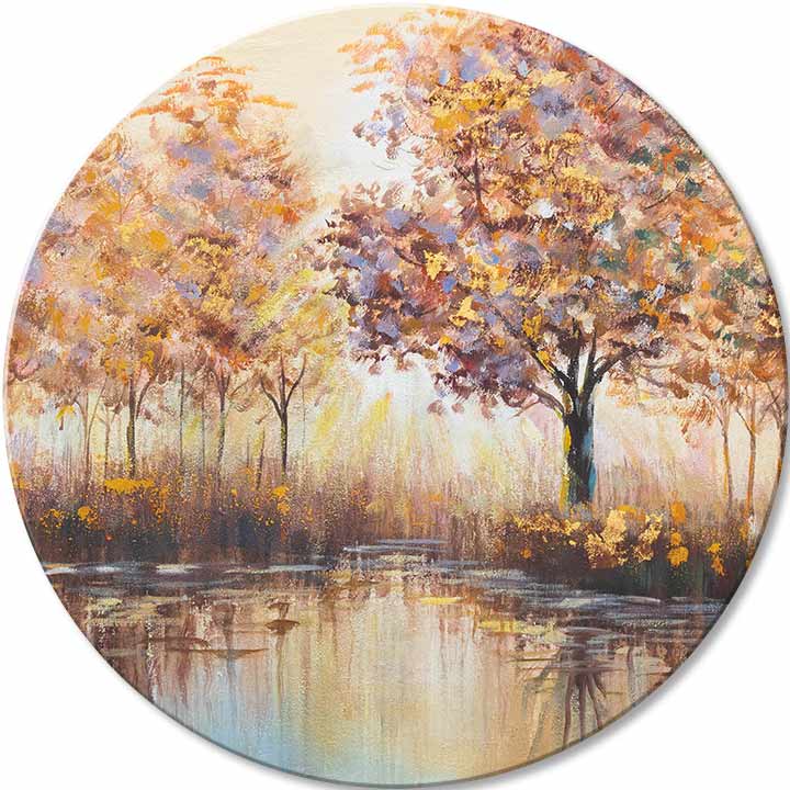 Pop art tablou pe pânză cu motivul copaci, peisaj, natură, animal în alb-portocaliu nuanțe, atmosferă liniștită, natură și contemplare, potrivit pentru sufragerie – principală