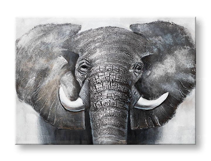 În stil scandinav tablou cu motivul elefant, hartă, natură în alb-bej nuanțe | Tablou pictat de perete ELEFANT, natură și forță – previzualizare