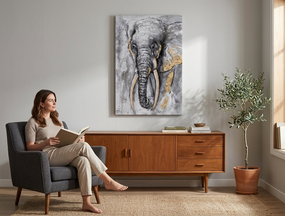În stil scandinav tablou pe pânză cu motivul elefant, hartă, natură în alb-bej nuanțe agățat în interiorul sufragerie, natură | Tablou pictat de perete ELEFANT – interior