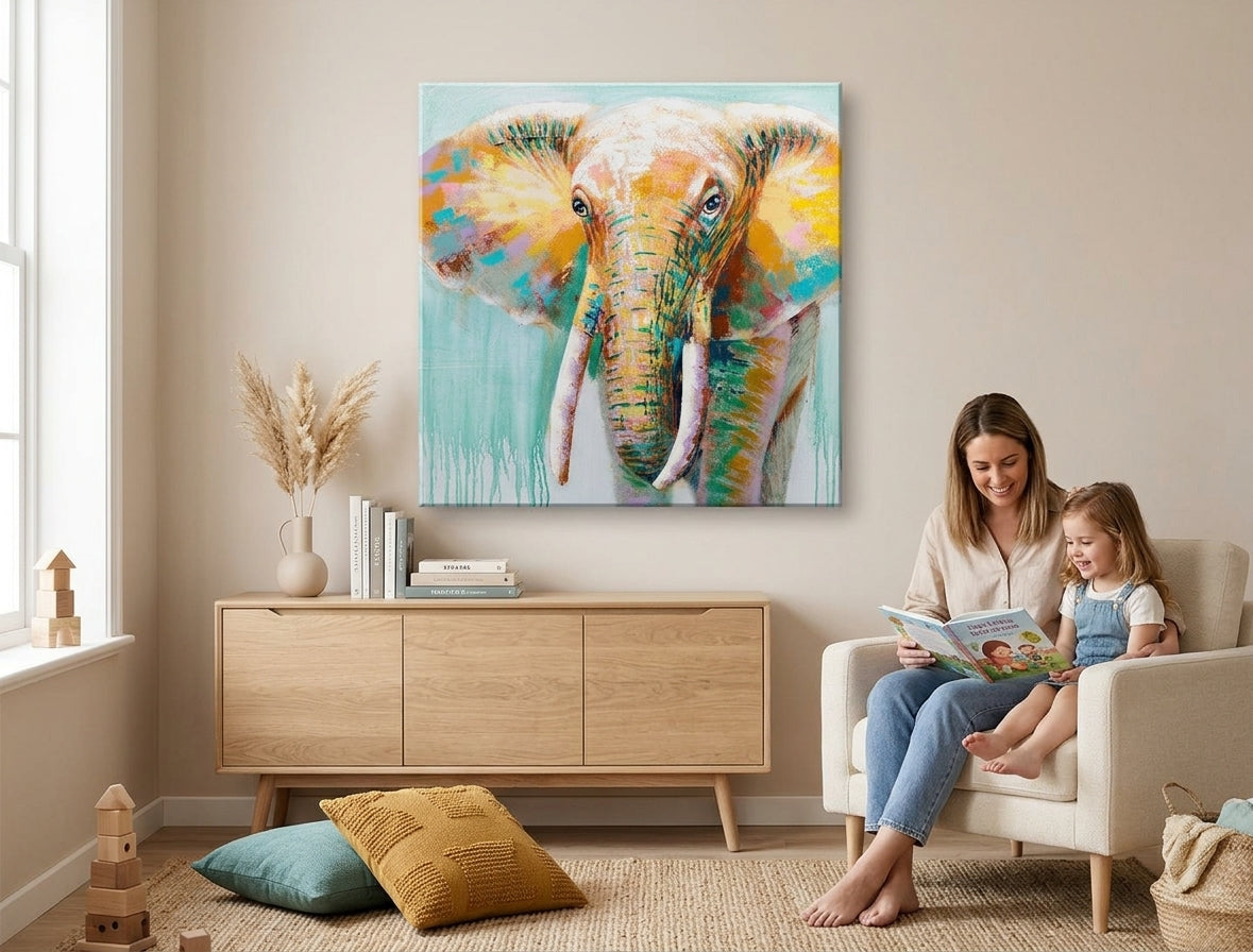 În stil scandinav tablou pe pânză cu motivul elefant, portret, hartă, oameni în alb-portocaliu nuanțe agățat în interiorul cameră de copii, natură – interior