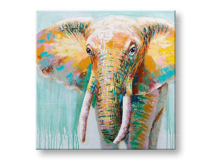 Pop art tablou pe pânză cu motivul elefant, portret, motiv pentru copii, oameni în albastru-portocaliu nuanțe, atmosferă vibrantă, natură, potrivit pentru cameră de copii – produs
