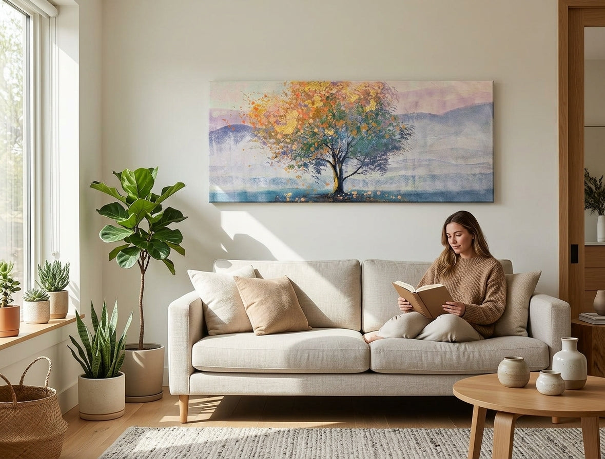 Pictat manual tablou pe pânză cu motivul STROM, munți, ceață ușoară, cer, peisaj în violet-albastru nuanțe agățat în interiorul sufragerie, natură și singurătate – interior