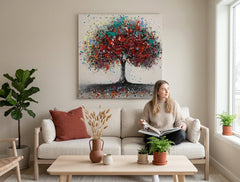 În stil boho tablou pe pânză cu motivul STROM, peisaj, natură în multicolor nuanțe agățat în interiorul birou, atmosferă vibrantă, creștere și dezvoltare și natură – interior