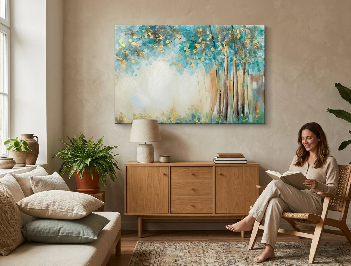 Pictat manual tablou pe pânză cu motivul STROM, copaci, pădure, hartă, natură în bej-albastru nuanțe agățat în interiorul bucătărie, natură și creștere și dezvoltare – interior