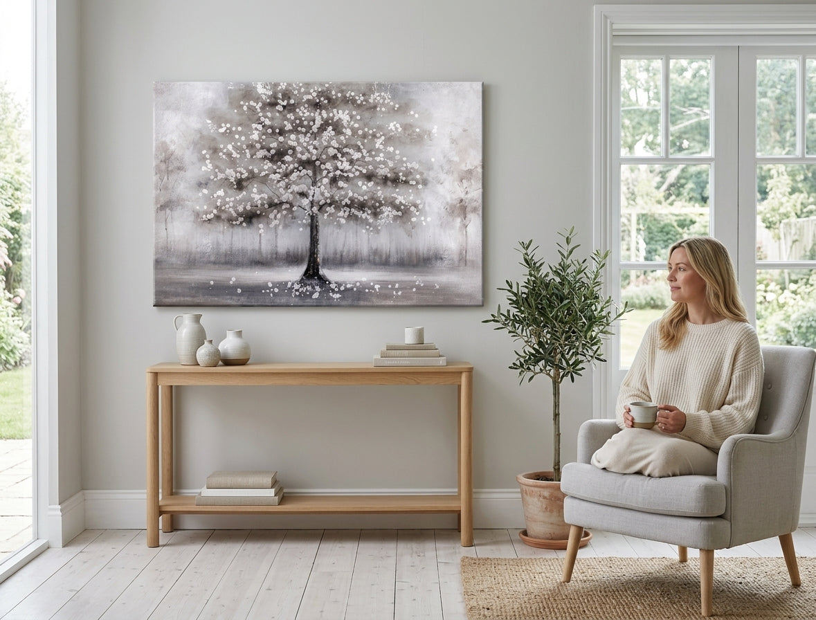 Pictat manual tablou pe pânză cu motivul STROM, pădure, ceață ușoară, peisaj, flori în alb-gri nuanțe agățat în interiorul birou de lucru, atmosferă liniștită – interior