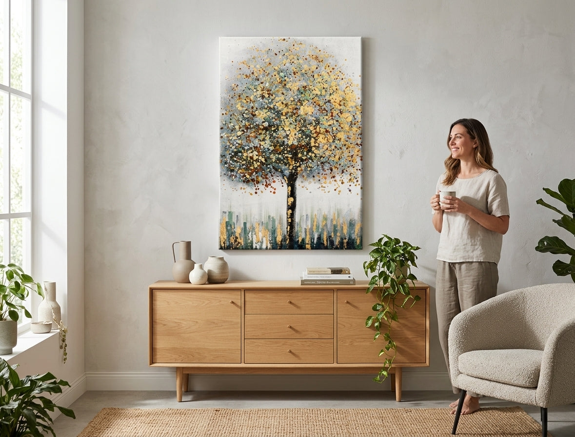 Pictat manual tablou pe pânză cu motivul STROM, peisaj, natură în multicolor nuanțe agățat în interiorul hol, atmosferă liniștită, natură și creștere și dezvoltare – interior
