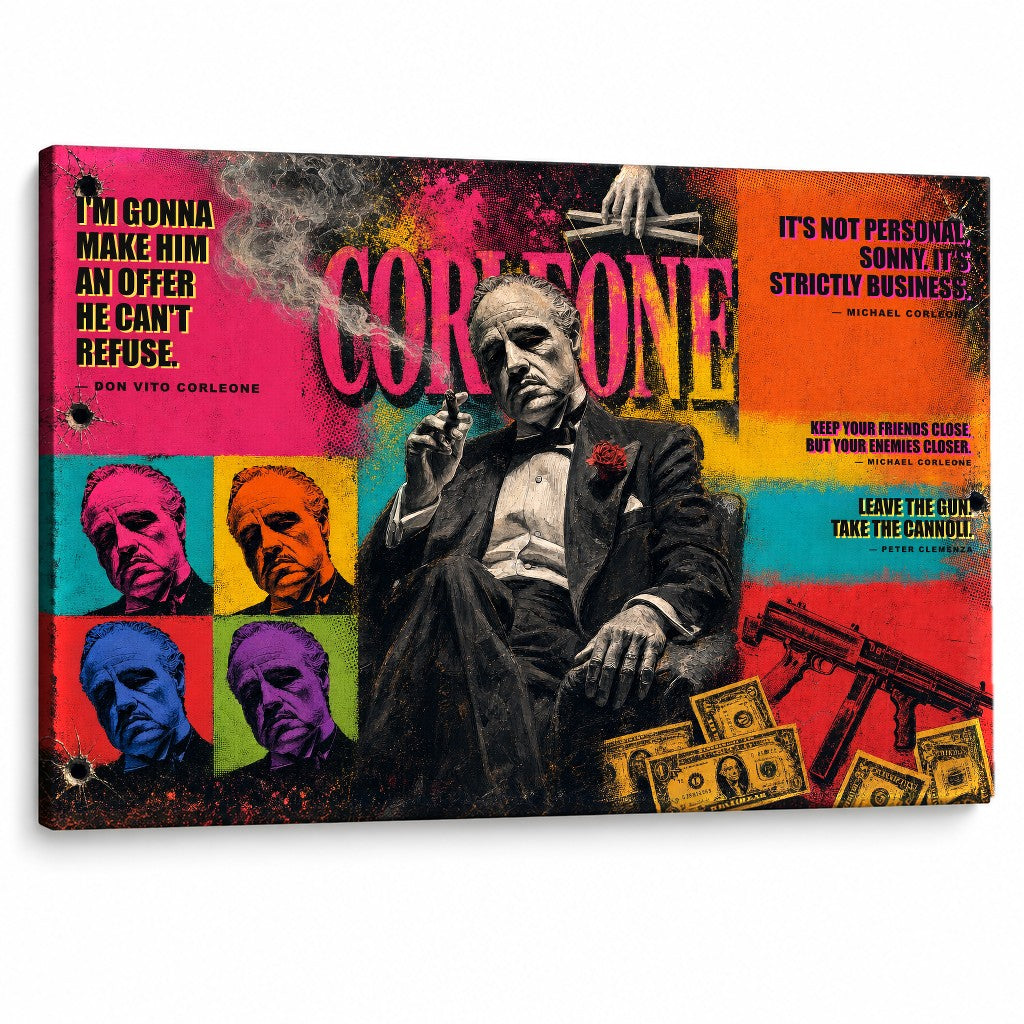 Tablou pop art cu Nașul și Don Vito Corleone, design colorat cu citate din film pe pânză premium pentru decor interior elegant de la Papilora