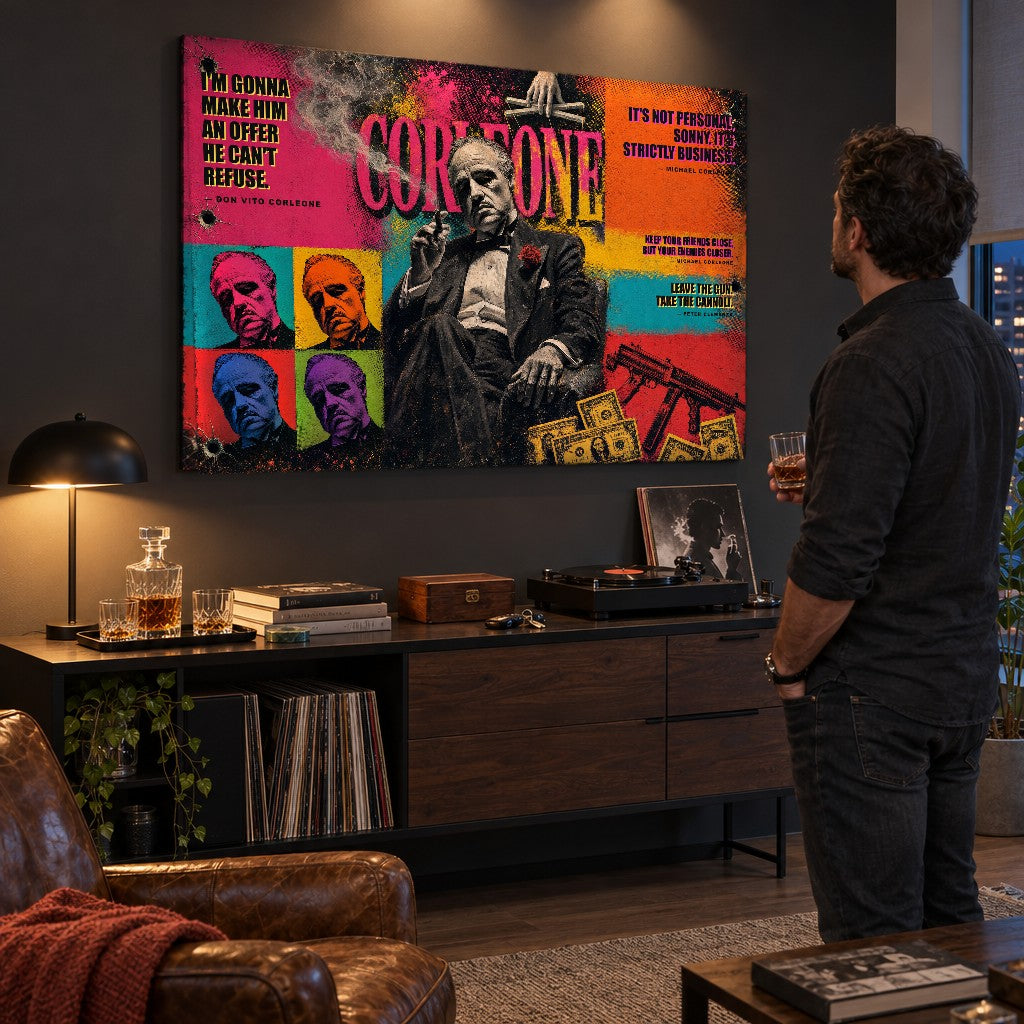 Tablou pop art Don Vito Corleone amplasat într-un birou masculin, decor interior sofisticat cu accente colorate și atmosferă dramatică