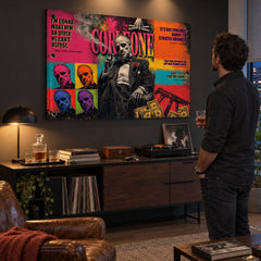 Tablou pop art Don Vito Corleone amplasat într-un birou masculin, decor interior sofisticat cu accente colorate și atmosferă dramatică