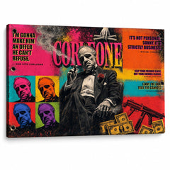 Tablou pop art cu Nașul și Don Vito Corleone, design colorat cu citate din film pe pânză premium pentru decor interior elegant de la Papilora