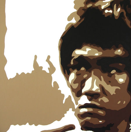 Pictat manual tablou pe pânză cu motivul AL Bruce Lee în maro-alb nuanțe, atmosferă intensă, forță și iconografie | POP Art pictat manual tablou AL Bruce Lee – produs, vedere 2