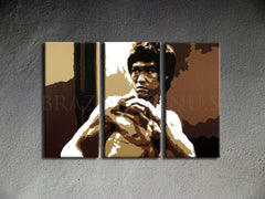 Pictat manual tablou pe pânză cu motivul AL Bruce Lee în maro-alb nuanțe, atmosferă intensă, forță și iconografie | POP Art pictat manual tablou AL Bruce Lee – produs