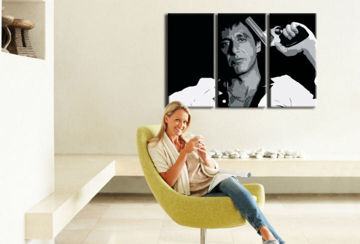 Pop art tablou pe pânză cu motivul AL PACINO, natură în alb-gri nuanțe agățat în interiorul sufragerie, atmosferă intensă, lumea filmului și forță și putere – interior