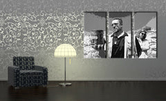 Pop art tablou pe pânză cu motivul Big Lebowski în alb-gri nuanțe agățat în interiorul sufragerie, atmosferă intensă, forță și putere | POP Art pictat manual tablou Big Lebowski – interior