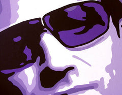 Pictat manual tablou pe pânză cu motivul Bono-U2 în violet-negru nuanțe, mister și viață urbană | POP Art pictat manual tablou Bono-U2 – produs, vedere 2