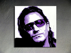 Pictat manual tablou pe pânză cu motivul Bono-U2 în violet-negru nuanțe, mister și viață urbană | POP Art pictat manual tablou Bono-U2 – produs