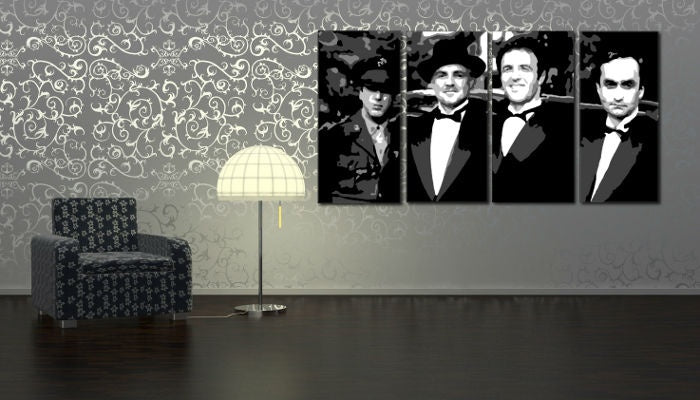 Pop art tablou cu motivul Corleone Family în alb-gri nuanțe | POP Art pictat manual tablou Corleone Family, istorie muzicală și iconografie – previzualizare
