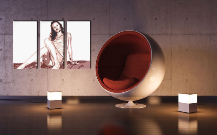 Pop art tablou pe pânză cu motivul Kate Moss, natură în bej-maro nuanțe agățat în interiorul dormitor, atmosferă elegantă, frumusețe și singurătate – interior