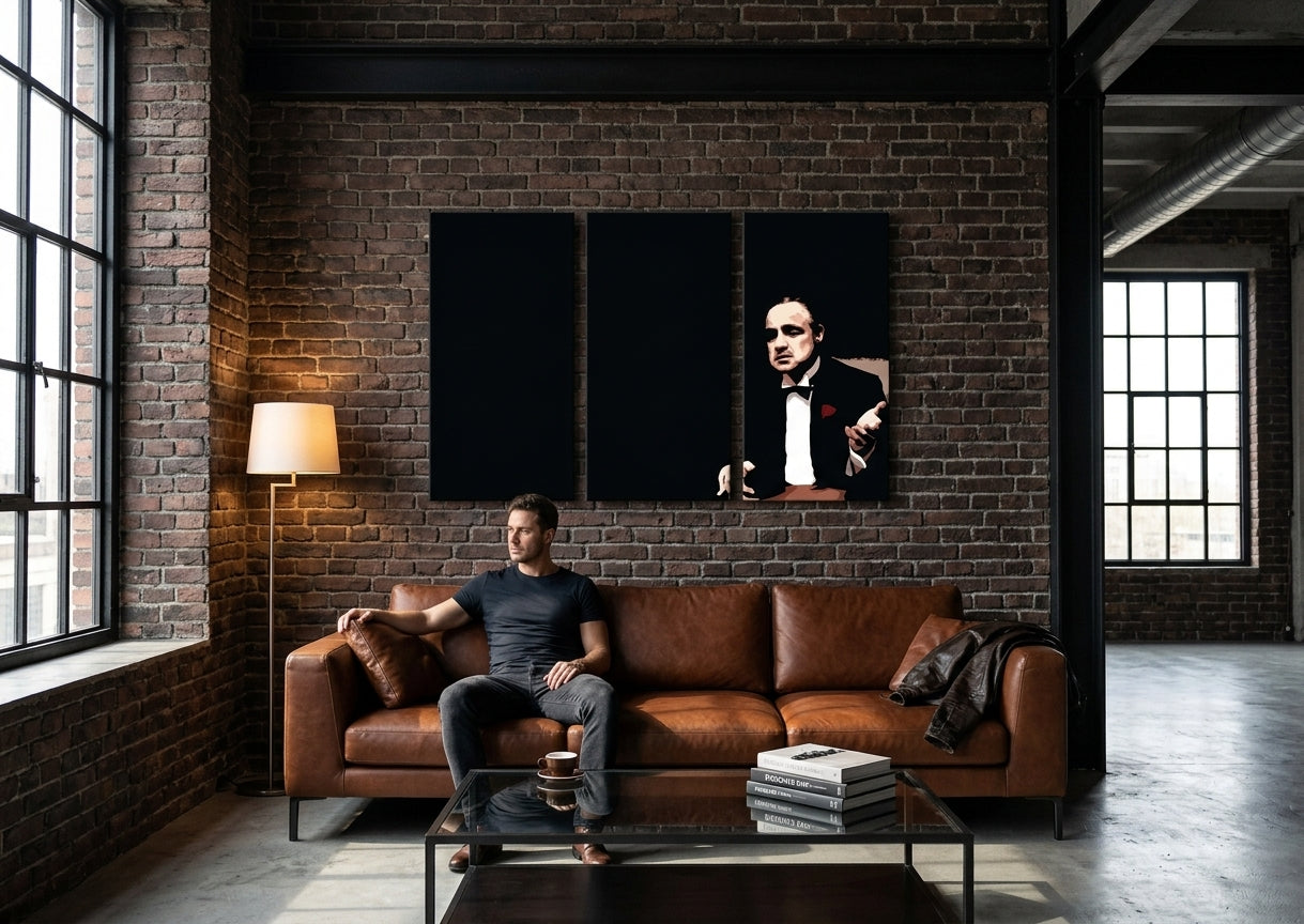 Pop art tablou pe pânză cu motivul Marlon Brando, natură în negru nuanțe agățat în interiorul sufragerie, atmosferă dramatică, forță și putere și eleganță – interior, vedere 3
