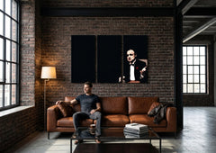 Pop art tablou pe pânză cu motivul Marlon Brando, natură în negru nuanțe agățat în interiorul sufragerie, atmosferă dramatică, forță și putere și eleganță – interior, vedere 3