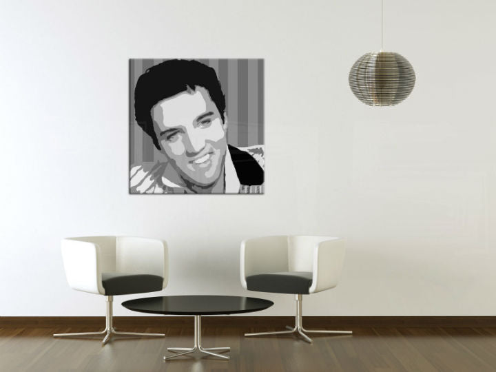 Pop art tablou pe pânză cu motivul Elvis Presley, natură în alb-gri nuanțe agățat în interiorul sufragerie, rock and roll și glorie | POP Art pictat manual tablou Elvis Presley – interior