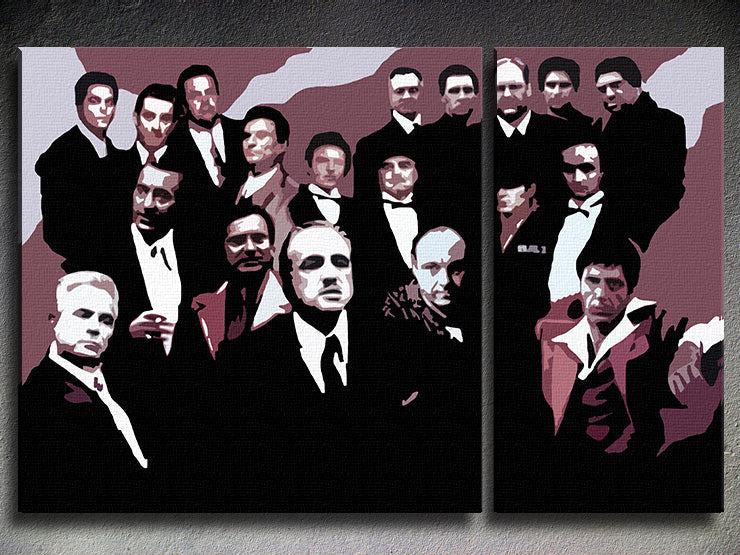 Pop art tablou pe pânză cu motivul The MAFIA Family, automobil în alb-negru nuanțe, atmosferă dramatică, familie și forță și putere, potrivit pentru sufragerie – principală