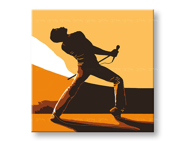 Pictat manual tablou pe pânză cu motivul FREDDIE MERCURY, microfon în maro-portocaliu nuanțe, atmosferă energică, pasiune | POP Art pictat manual tablou FREDDIE MERCURY – principală