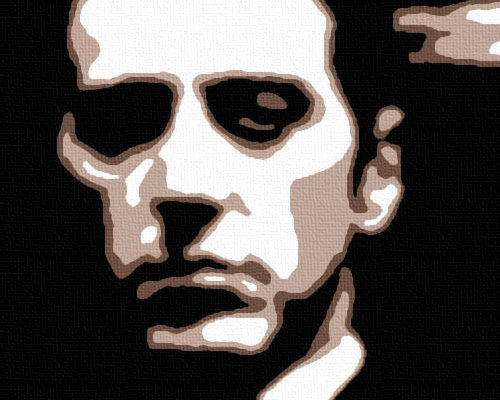 Pictat manual tablou pe pânză cu motivul GODFATHER în negru-alb nuanțe, atmosferă dramatică, minimalism | POP Art pictat manual tablou GODFATHER – produs, vedere 2
