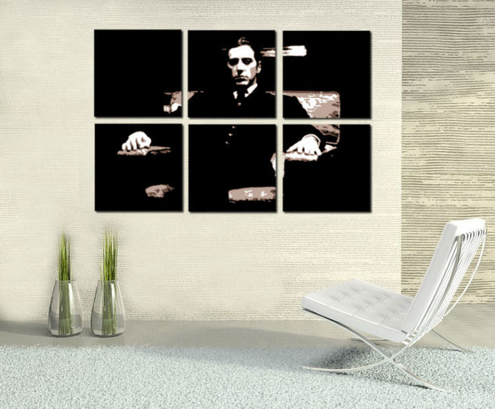 Pictat manual tablou pe pânză cu motivul GODFATHER în negru-alb nuanțe, atmosferă dramatică, minimalism | POP Art pictat manual tablou GODFATHER – principală