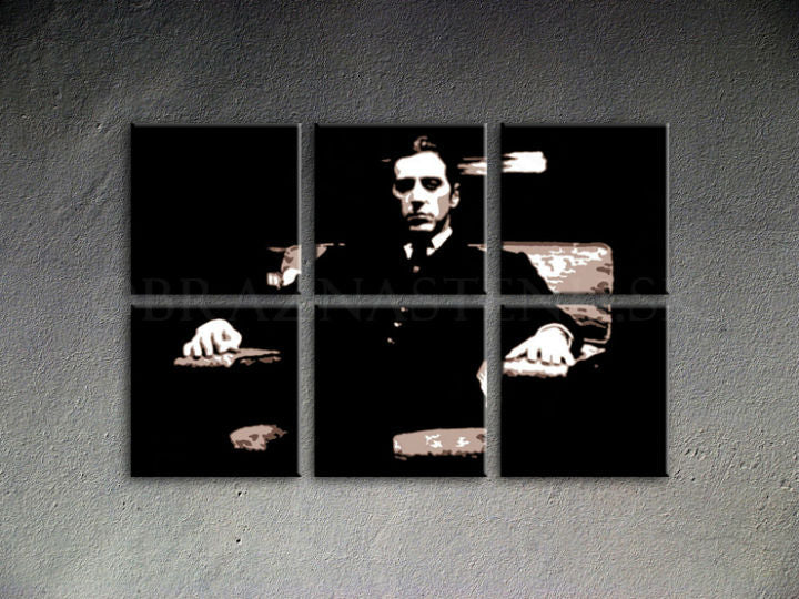 Pictat manual tablou pe pânză cu motivul GODFATHER în negru-alb nuanțe, atmosferă dramatică, minimalism | POP Art pictat manual tablou GODFATHER – produs