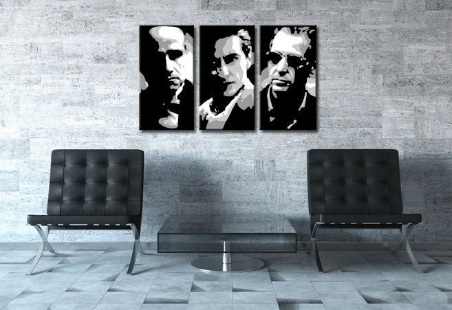 Pictat manual tablou pe pânză cu motivul GODFATHER în negru-alb nuanțe, atmosferă dramatică, minimalism | POP Art pictat manual tablou GODFATHER – principală [YOBPPGOD2-120X80-24H]