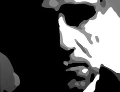 Pictat manual tablou pe pânză cu motivul GODFATHER în negru-alb nuanțe, atmosferă dramatică, minimalism | POP Art pictat manual tablou GODFATHER – produs, vedere 2 [YOBPPGOD2-120X80-24H]