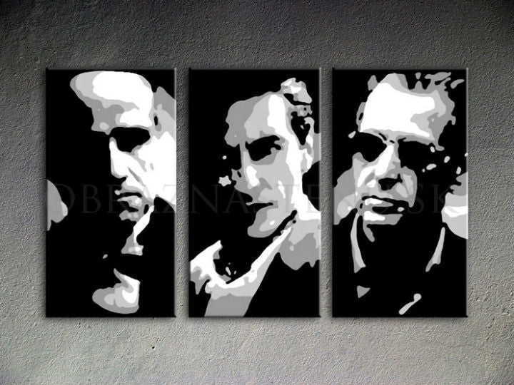 Pictat manual tablou pe pânză cu motivul GODFATHER în negru-alb nuanțe, atmosferă dramatică, minimalism | POP Art pictat manual tablou GODFATHER – produs [YOBPPGOD2-120X80-24H]