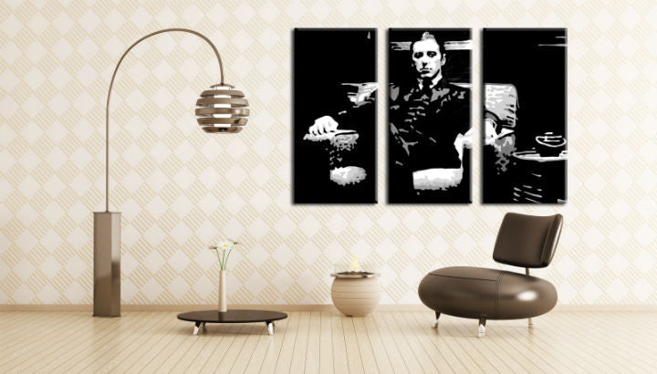 Pictat manual tablou pe pânză cu motivul GODFATHER, ceașcă de cafea în negru-alb nuanțe, forță și putere și lumea filmului | POP Art pictat manual tablou GODFATHER – principală