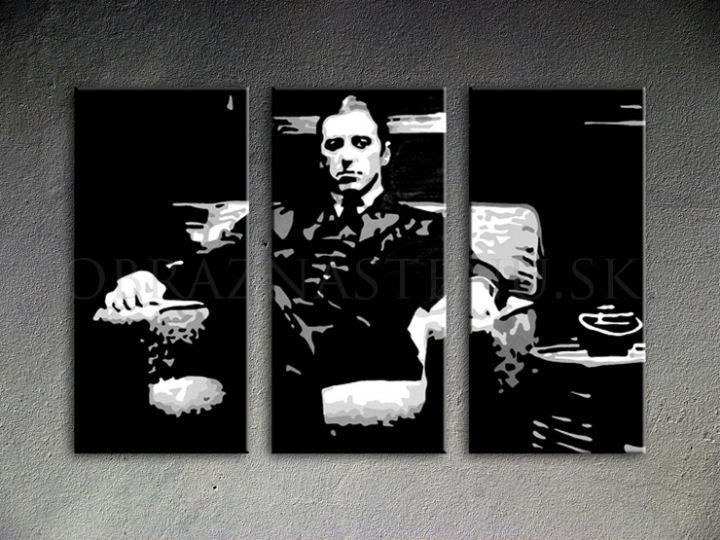 Pictat manual tablou pe pânză cu motivul GODFATHER, ceașcă de cafea în negru-alb nuanțe, forță și putere și lumea filmului | POP Art pictat manual tablou GODFATHER – produs