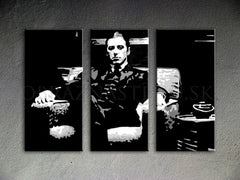 Pictat manual tablou pe pânză cu motivul GODFATHER, ceașcă de cafea în negru-alb nuanțe, forță și putere și lumea filmului | POP Art pictat manual tablou GODFATHER – produs