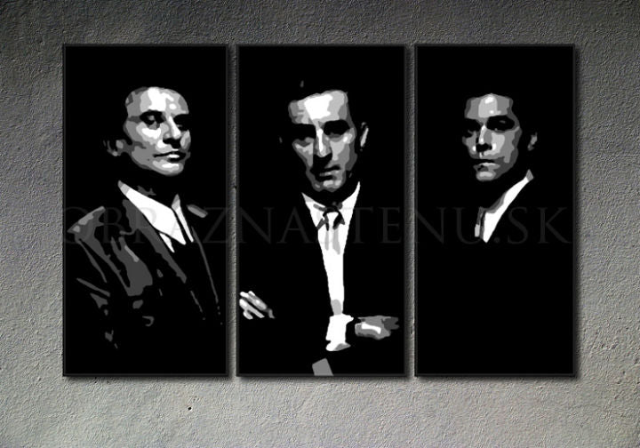 Pictat manual tablou pe pânză cu motivul Goodfellas, bărbat în costum în negru-alb nuanțe, atmosferă dramatică, mister | POP Art pictat manual tablou Goodfellas – produs
